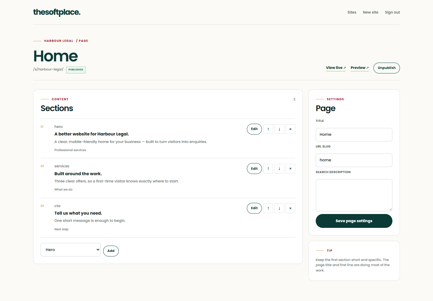 Editing a page in The Soft Place dashboard
